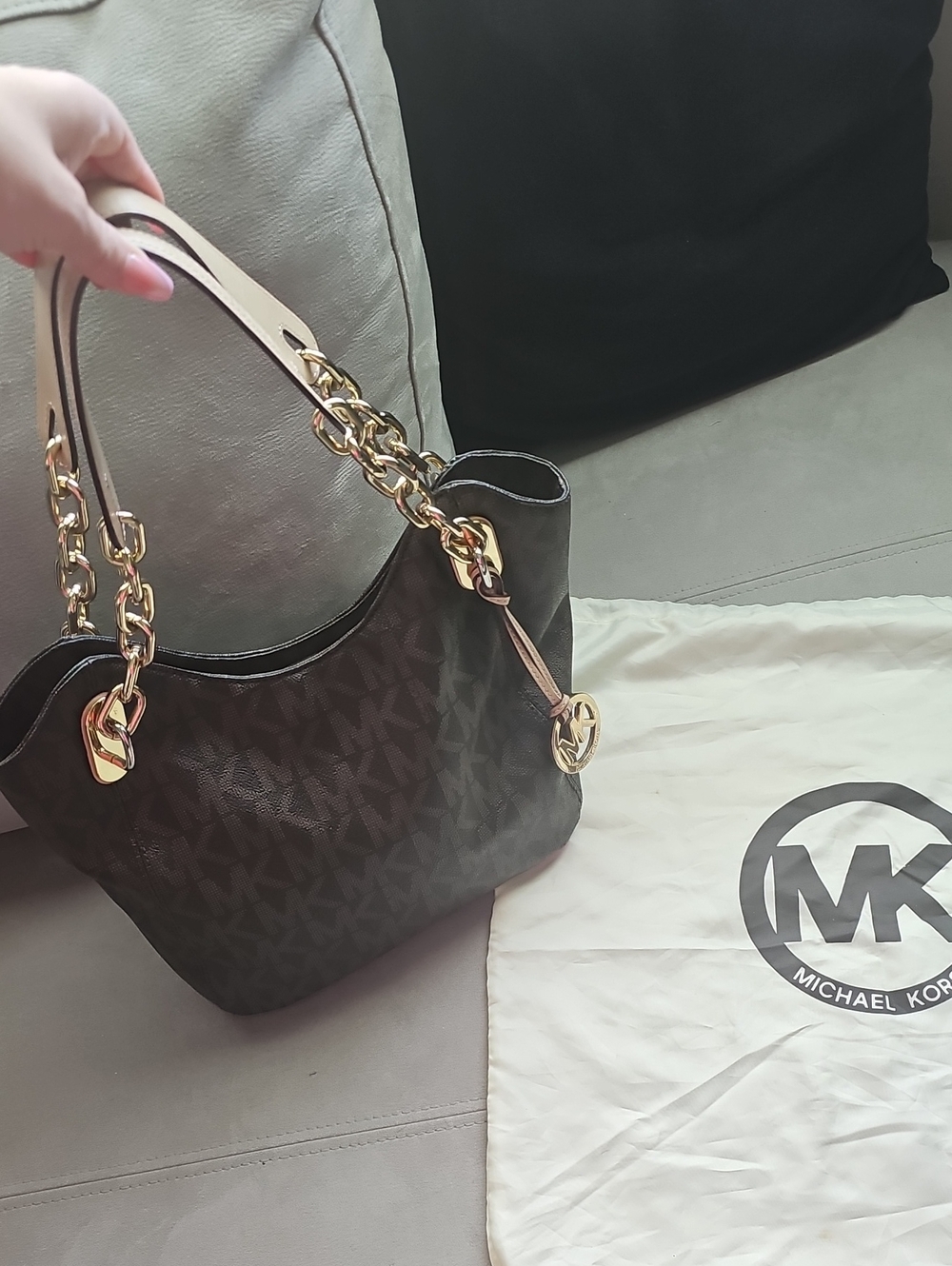 Michael Kors Dark Brown MK Monogram Chain-Handle Lilly Shoulder Bag